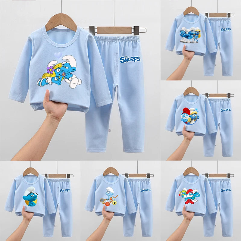 Anime Smurfs Kids Pajama Set - Long Sleeve Thicken Sleepwear Tops Pants, Cartoon Nightwear Retro Movie Gift-