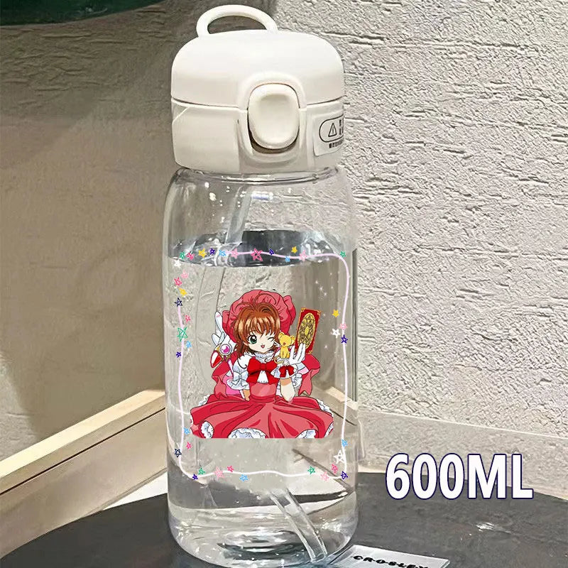 Cardcaptor Sakura Straw Water Bottle - 400ML/600ML Transparent Plastic Anti-Drop Cup for Students and Kids-6-13-