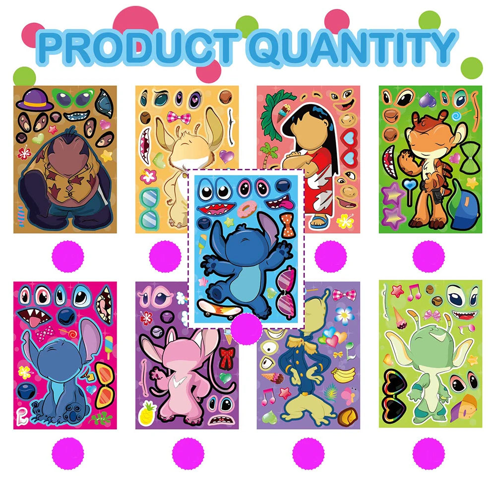 DIY Stitch Puzzle Sticker Sheets - Cartoon Kids Assemble Face Decals for Fun Party Game-