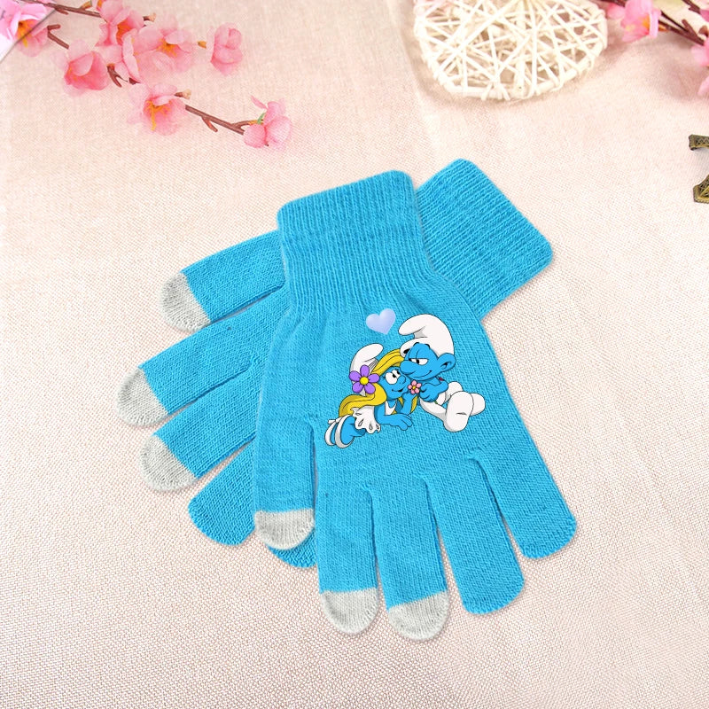 Anime Smurfs Kids Winter Gloves - Cartoon Print Warm Knitted Gloves for Bike Riding, Outdoor Walks, Retro 90s Child Gift-LJL 46-longest side 19cm-