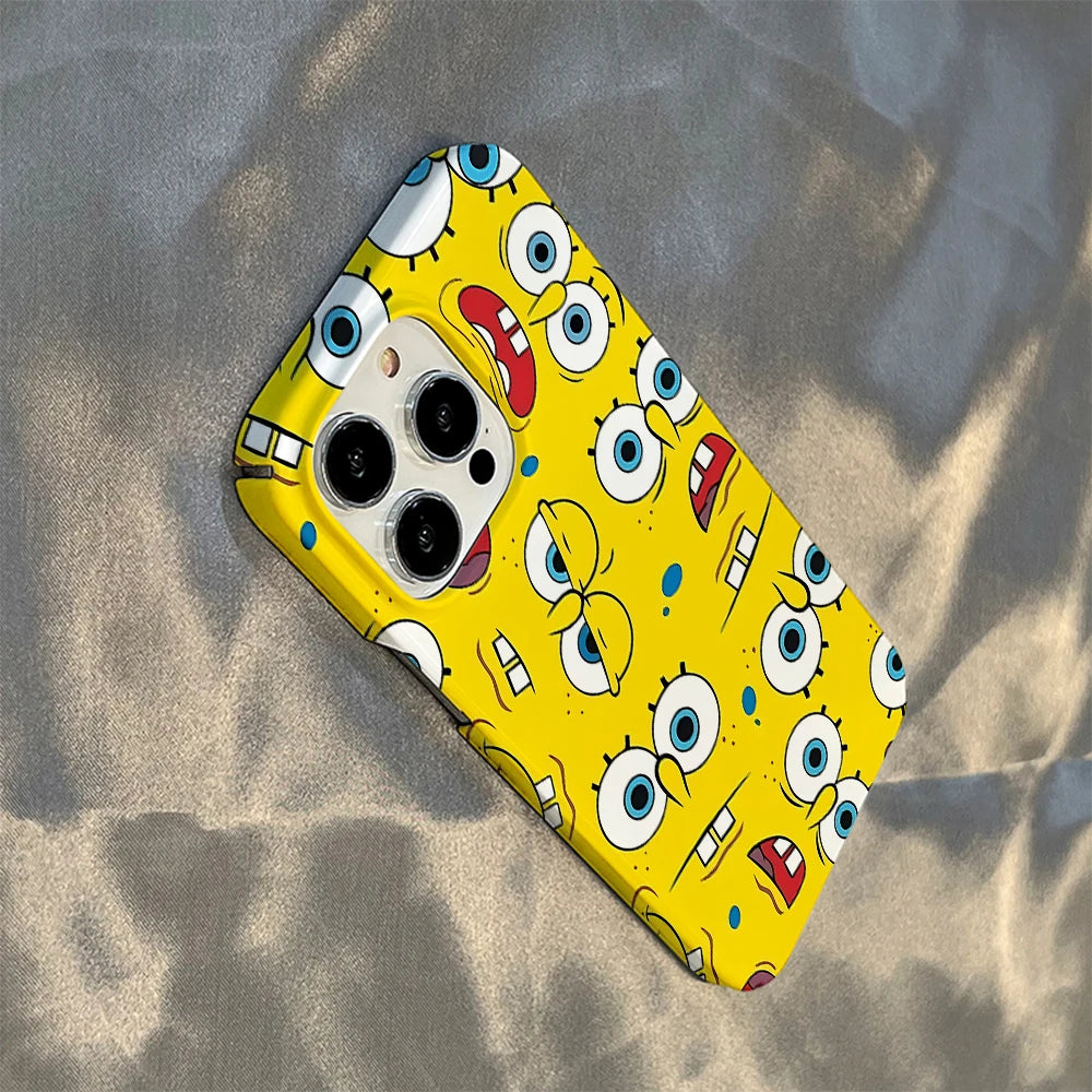 New Cute SpongeBob Phone Case for iPhone 16 15 14 13 12 11 - Glossy HD Hard PC Cover-