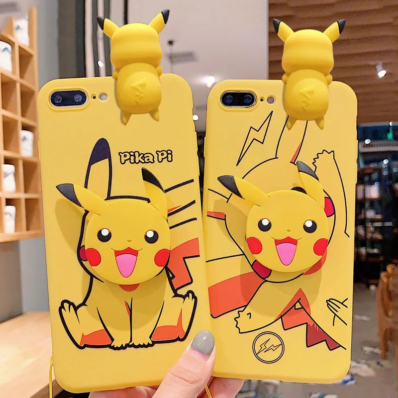 For iPhone 6 6s 7 8 X Xs Max XR 11 12 13 14 15 16 Pro Max SE - Pokémon Pikachu Phone Case with Holder Rope-