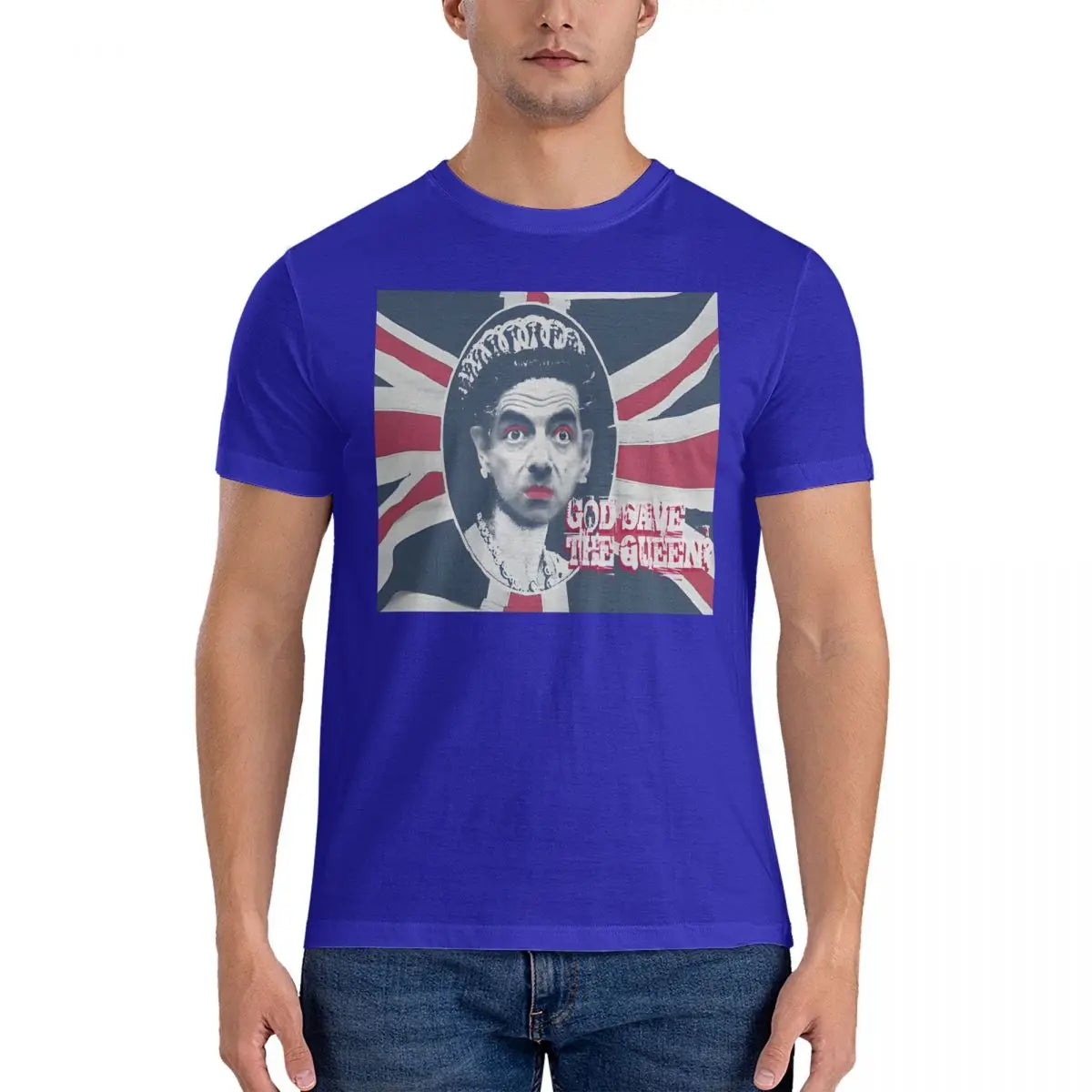 Men’s T-Shirt "God Save" – Creative Cotton Short Sleeve Round Collar Mr. Bean Tee, Perfect Gift Idea-Blue-5XL-