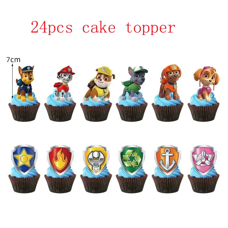 Paw Patrol Birthday Party Decorations Tableware Supplies Balloons Paper Party Plate Cup Napinks Gift Bag Baby Shower Kids Happy-24pcs cake topper-