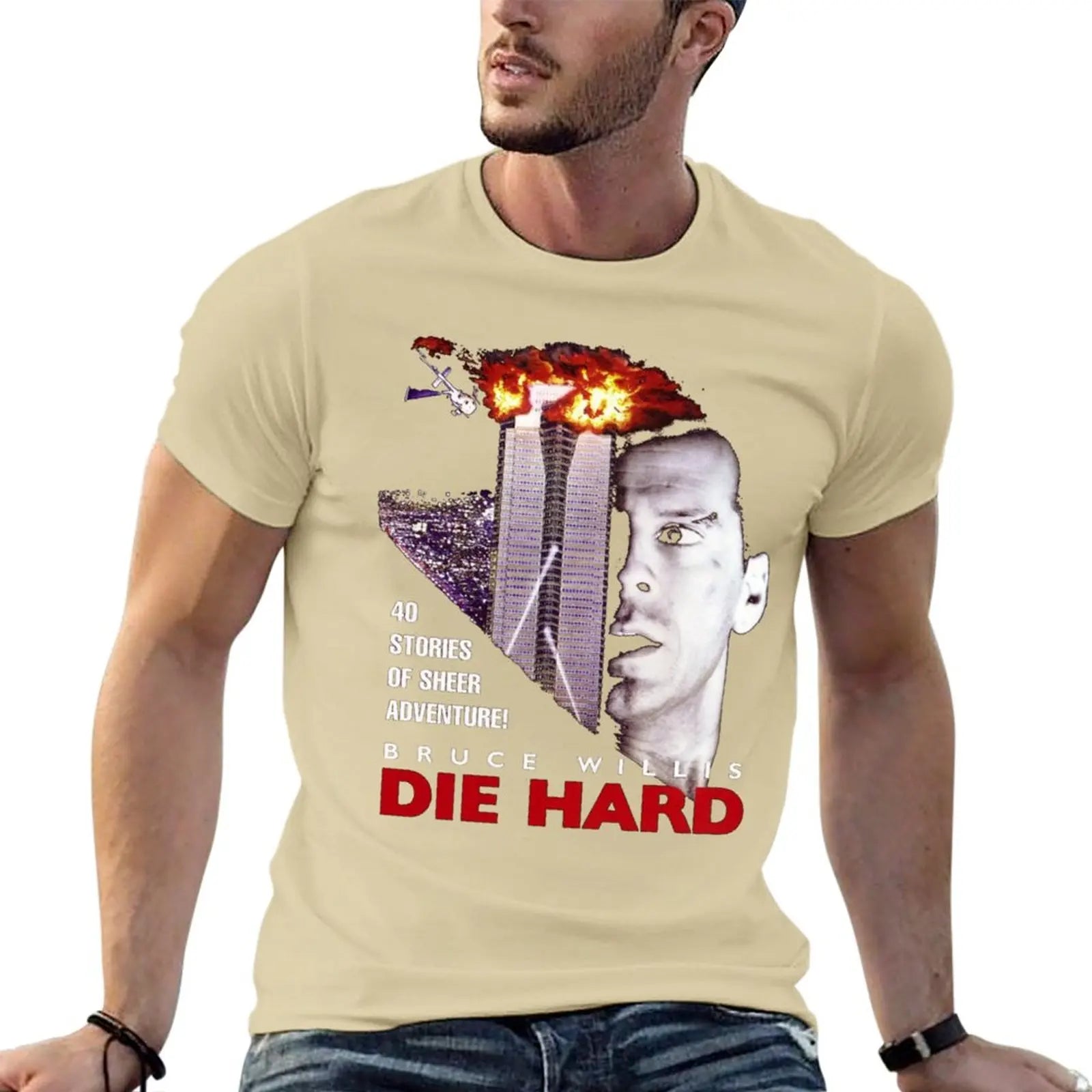 DIE HARD - (Only works with black) - T-Shirt Blank - Graphics T-Shirt - Plain Black Tees for Men-Sand Colour-S-