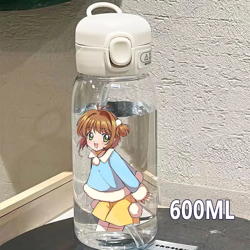 Cardcaptor Sakura Straw Water Bottle - 400ML/600ML Transparent Plastic Anti-Drop Cup for Students and Kids-6-16-