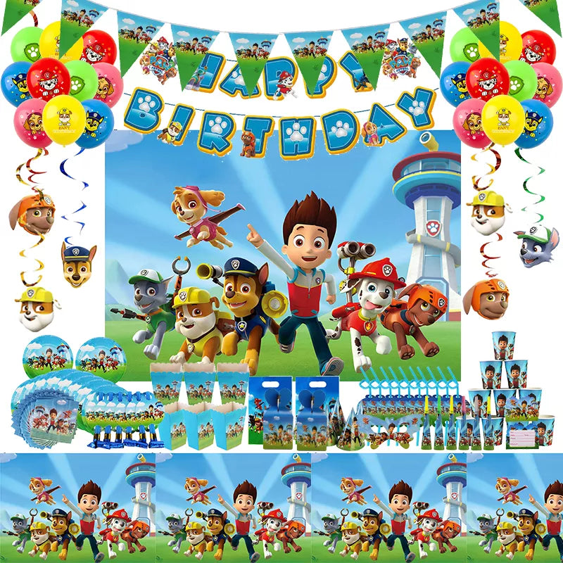 Paw Patrol Birthday Decorations Happy Birthday Backdrop Banner Plates Cups - Paper Tableware Set Balloons - Kids Boy Party Supplies-