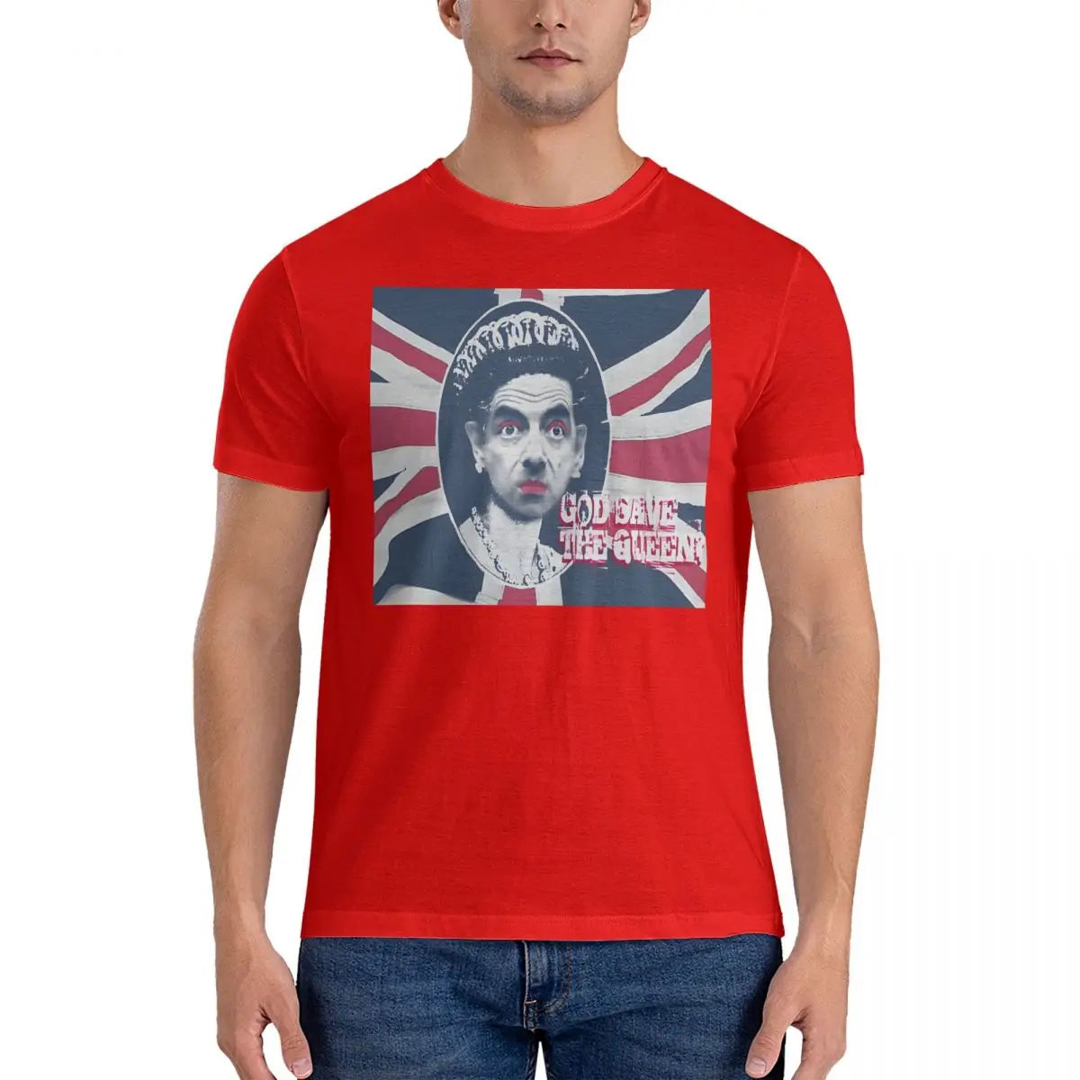 Men’s T-Shirt "God Save" – Creative Cotton Short Sleeve Round Collar Mr. Bean Tee, Perfect Gift Idea-Red-6XL-