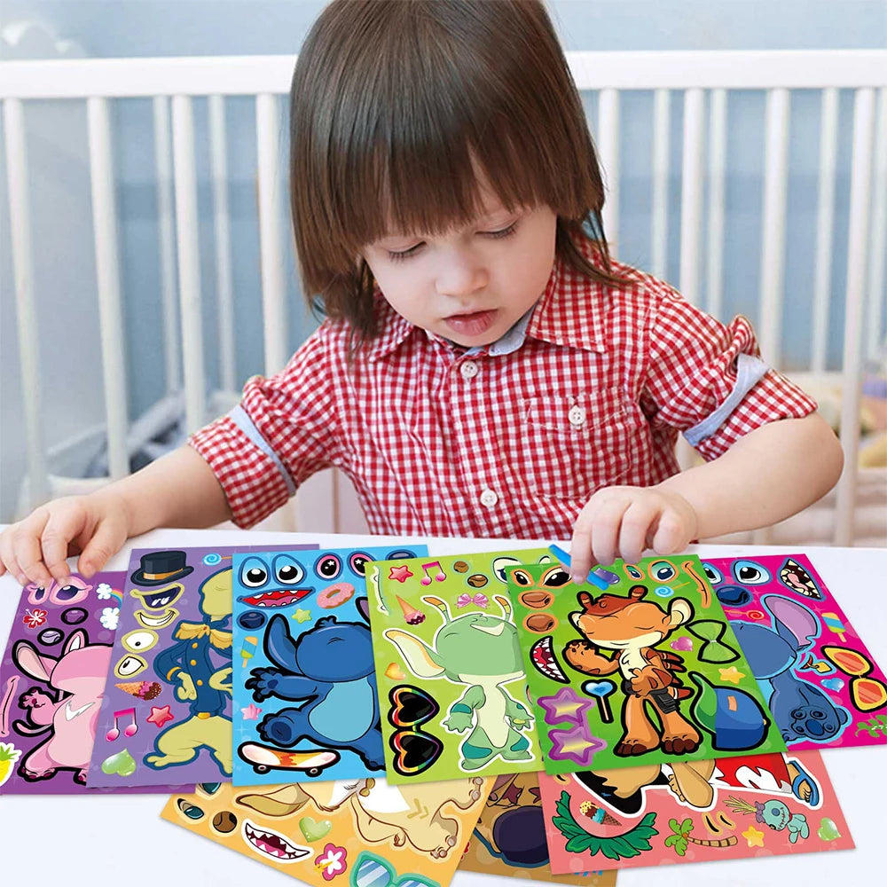 DIY Stitch Puzzle Sticker Sheets - Cartoon Kids Assemble Face Decals for Fun Party Game-