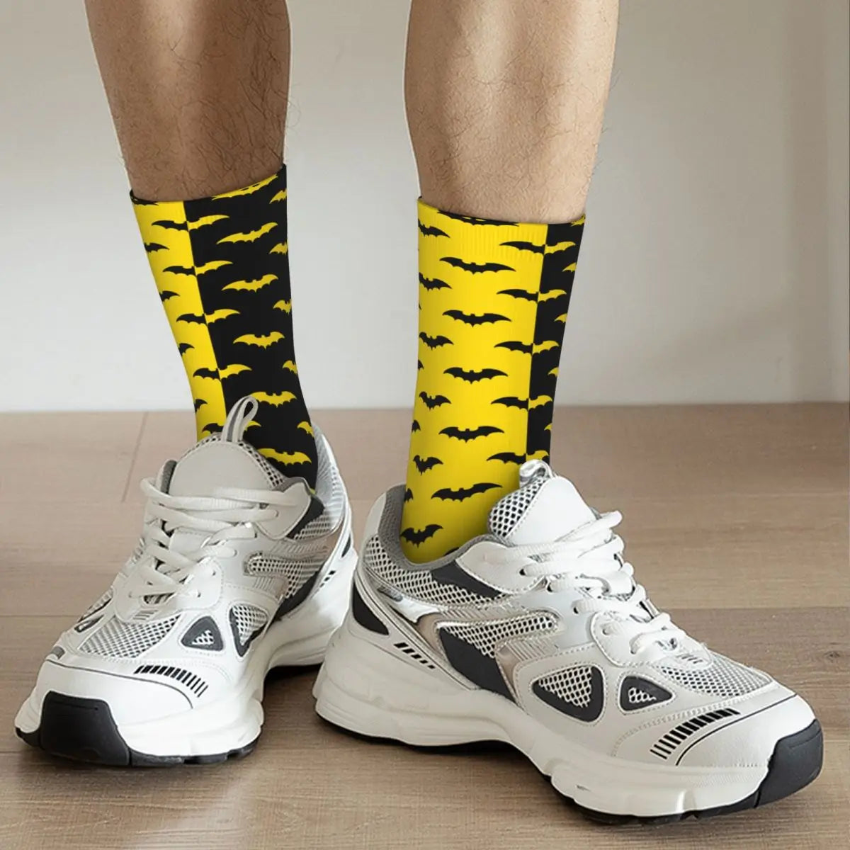 Hip-hop Black And Yellow Bat Pattern Basketball Socks Animal Polyester Crew Socks for Unisex-WHITE-One Size-