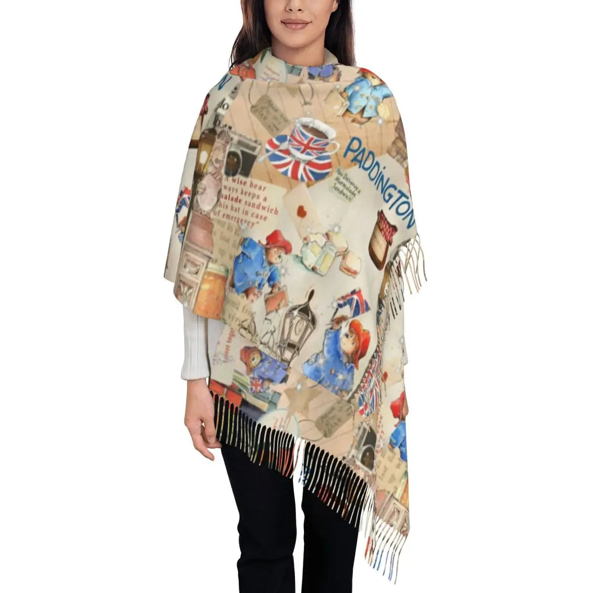 Womens Tassel Scarf Britain Paddington Brown Bear - Long Soft Warm Shawl and Wrap Cute Movie Cartoon Daily Wear Cashmere Scarf-As Shown-One Size-