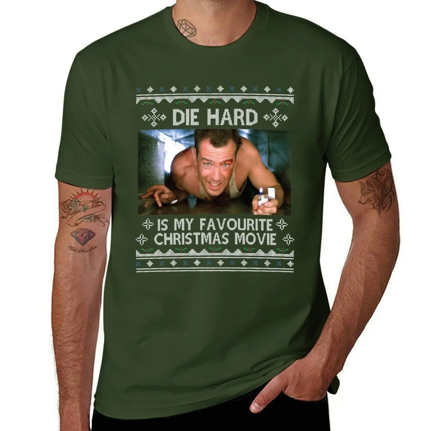 Die Hard Is My Favourite - Christmas Movie T-Shirt - Men's Tees - Short Sleeve Cotton Tops - T-Shirts for Men Pack-Army Green-S-