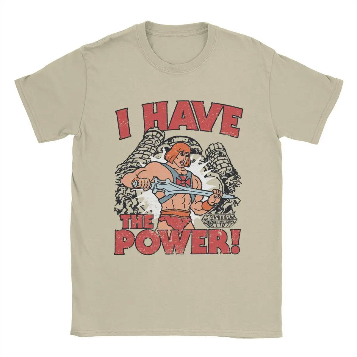 He-Man "I Have The Power" T-Shirt: Masters of the Universe - Cotton Vintage Crewneck for Men - Movie Fan Present-Khaki-XL-