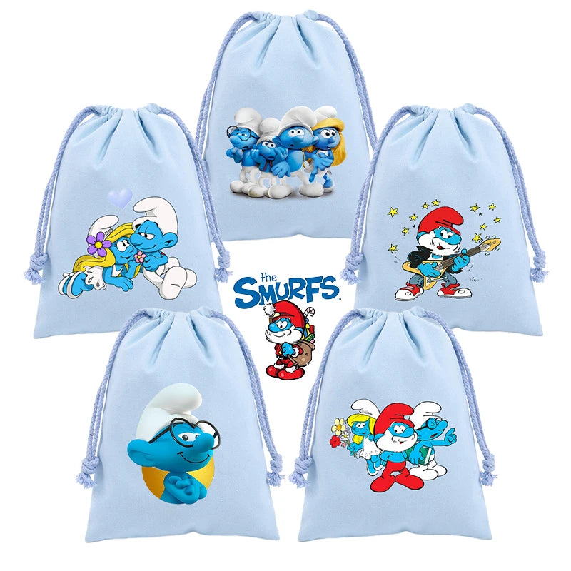 Anime Smurfs Kids Drawstring Bag - Cute Cartoon Print Sports Sack for Parties, Outdoor Gifts, Retro Hand Pouch-