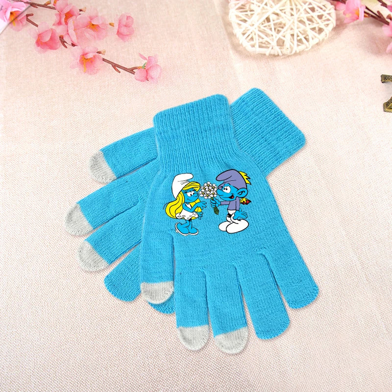 Anime Smurfs Kids Winter Gloves - Cartoon Print Warm Knitted Gloves for Bike Riding, Outdoor Walks, Retro 90s Child Gift-LJL 41-longest side 19cm-