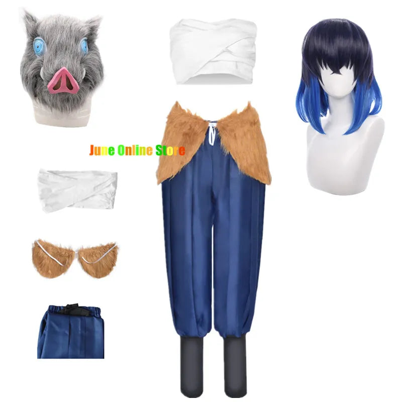 Anime Demon Slayer Hashibira Inosuke Cosplay Costume - Kimetsu No Yaiba Inosuke Uniform Comes with Wig, Pig Mask, and Halloween Outfit for Women-Set 3-XS-