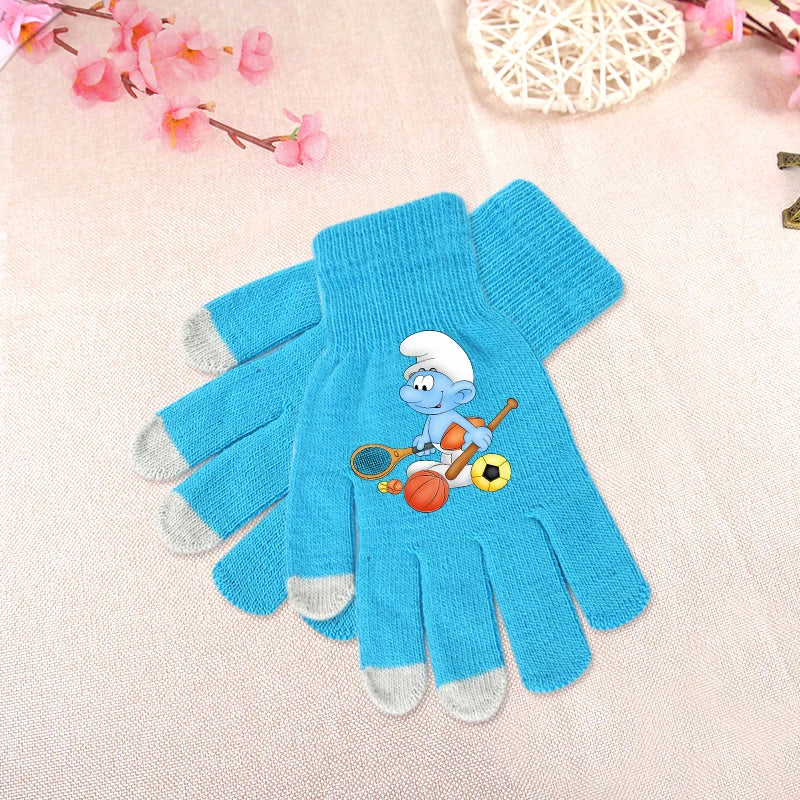 Anime Smurfs Kids Winter Gloves - Cartoon Print Warm Knitted Gloves for Bike Riding, Outdoor Walks, Retro 90s Child Gift-LJL 93-longest side 19cm-