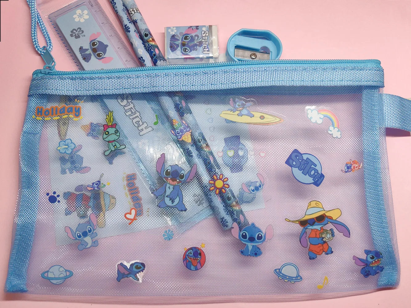 7pcs Stitch Stationery Bag Set - Anime Kids Pencil Box Stickers Figure Toys Gift Set-