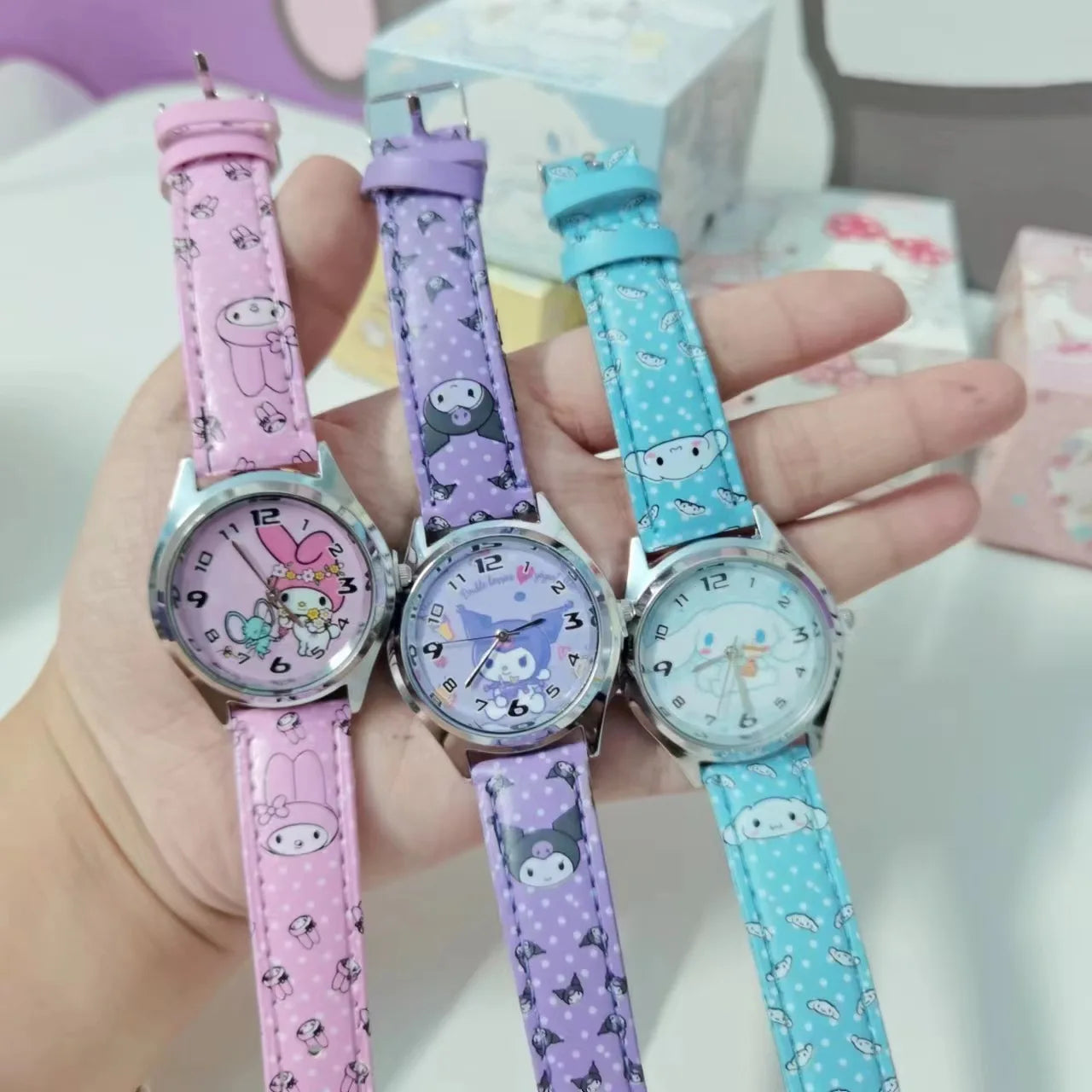 Anime Sanrio PU leather electronic watch kulomi big-eared dog Melody children's watch gift with gift box-