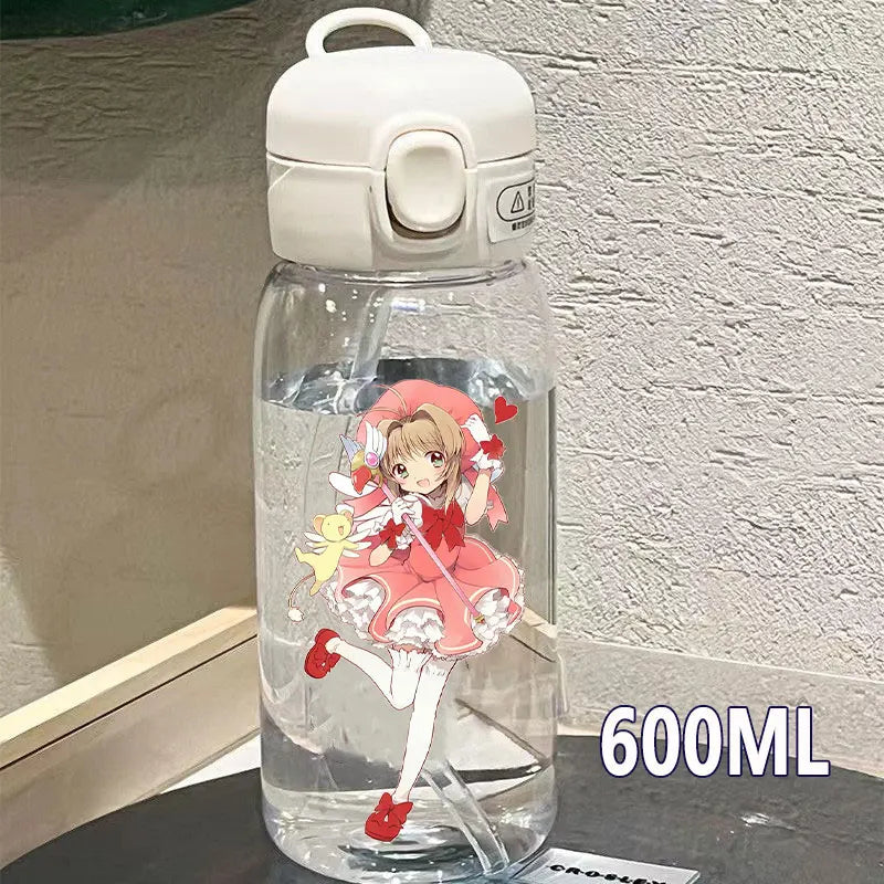 Cardcaptor Sakura Straw Water Bottle - 400ML/600ML Transparent Plastic Anti-Drop Cup for Students and Kids-6-7-