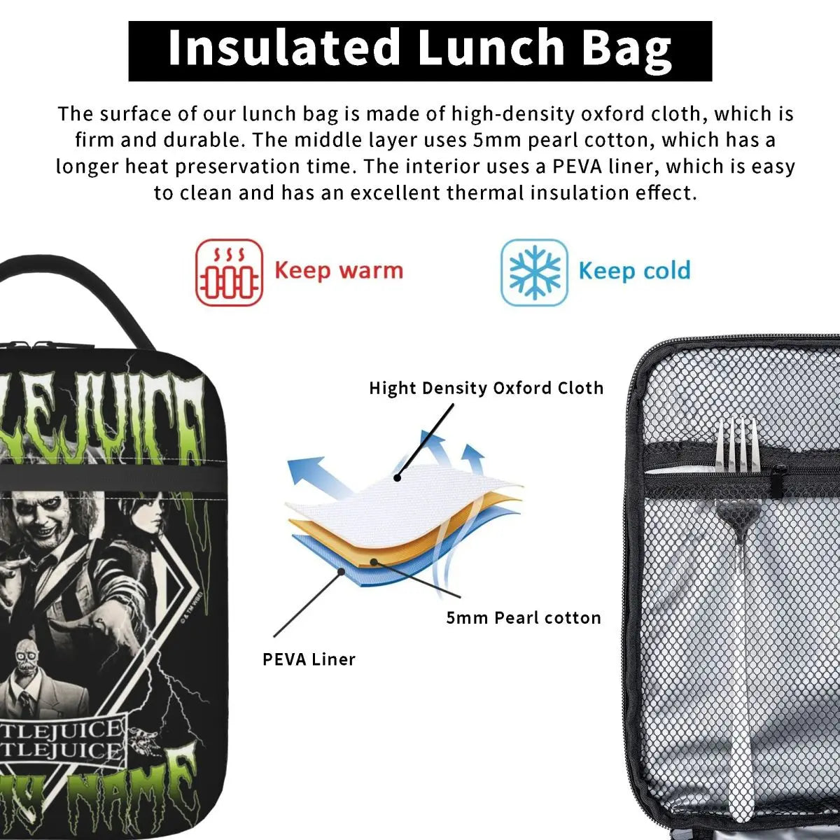 Beetlejuice 2 Horror Movie Lunch Box - Thermal Insulated Cooler - Trendy School or Work Lunch Tote-Multi Color-Large-