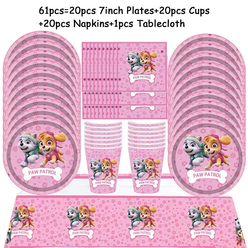 Paw Patrol Birthday Party Decoration - Girls Pink Sky Paper Cups Plates Tableware Balloons - Supplies For Kids - Baby Shower Favors-61pcs set-