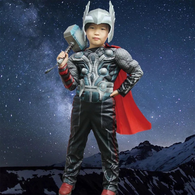 SuperHero Kids Muscle Thor Cosplay Costumes - Complete Clothes with Harmmer, Avengers Child Super Hero Halloween Costumes for Children's Day-