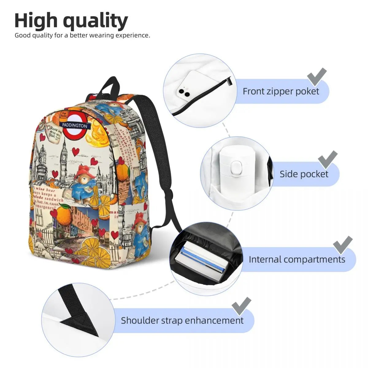 Britain Paddington Brown Bear Backpack - Men Women Casual Business Daypack Cute Movie Cartoon Laptop Computer Shoulder Bag Outdoor-