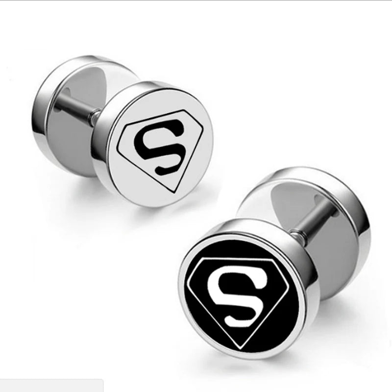 Simple Superman Earrings - 1 Pair Stainless Steel Studs Letter S Round Punk Jewelry for Men Women Gifts-