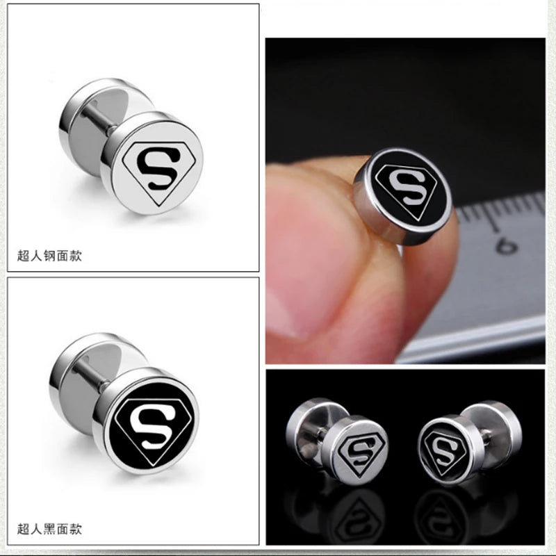 Simple Superman Earrings - 1 Pair Stainless Steel Studs Letter S Round Punk Jewelry for Men Women Gifts-