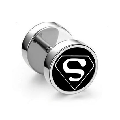 Simple Superman Earrings - 1 Pair Stainless Steel Studs Letter S Round Punk Jewelry for Men Women Gifts-Black-