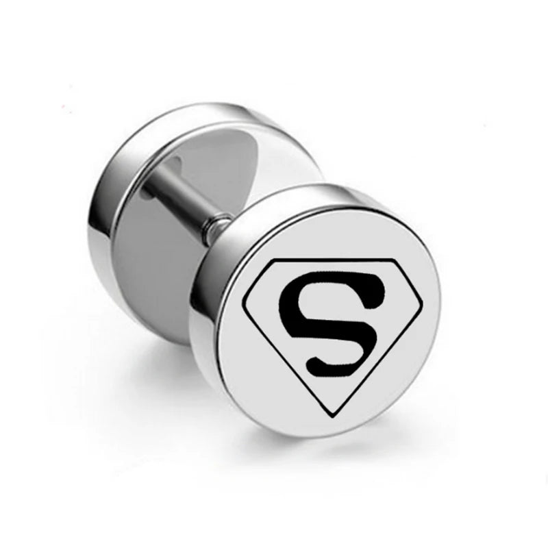 Simple Superman Earrings - 1 Pair Stainless Steel Studs Letter S Round Punk Jewelry for Men Women Gifts-steel-