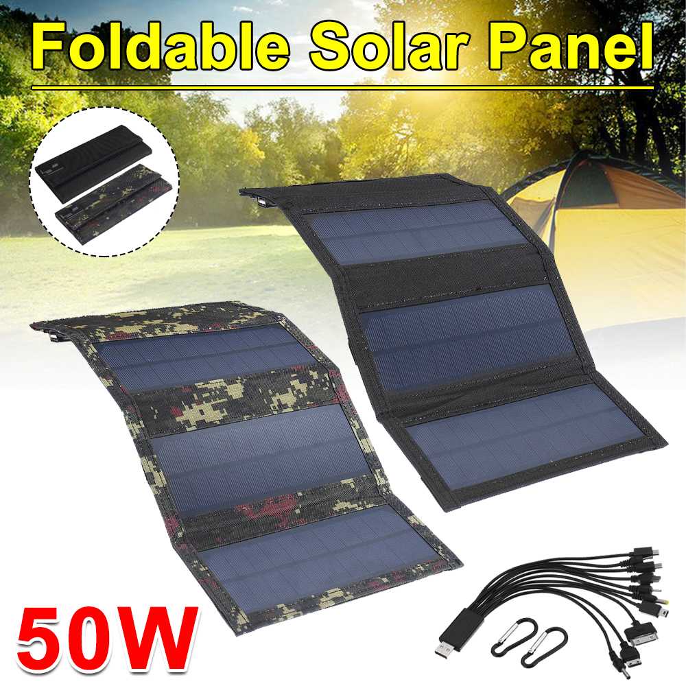 Sun Power 50W 5V Foldable Solar Panel - Solar Cells Folding Pack - 10-in-1 USB Cable - Portable Solar Battery Charger for Phone Camping-