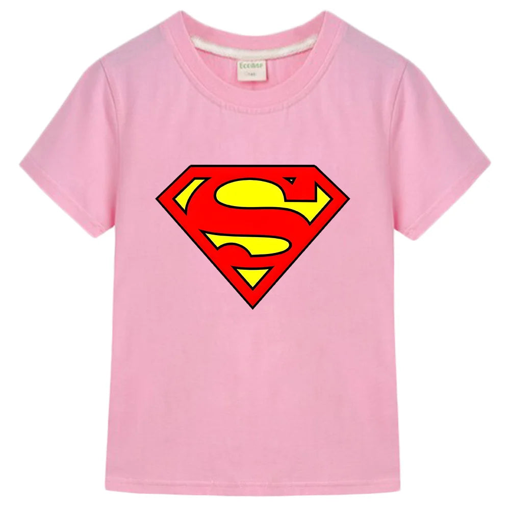 Superman Kids T-Shirts - Comfortable Cotton Short Sleeve Tops Classic Logo Tee Miniso Superhero Clothes-pink-160-