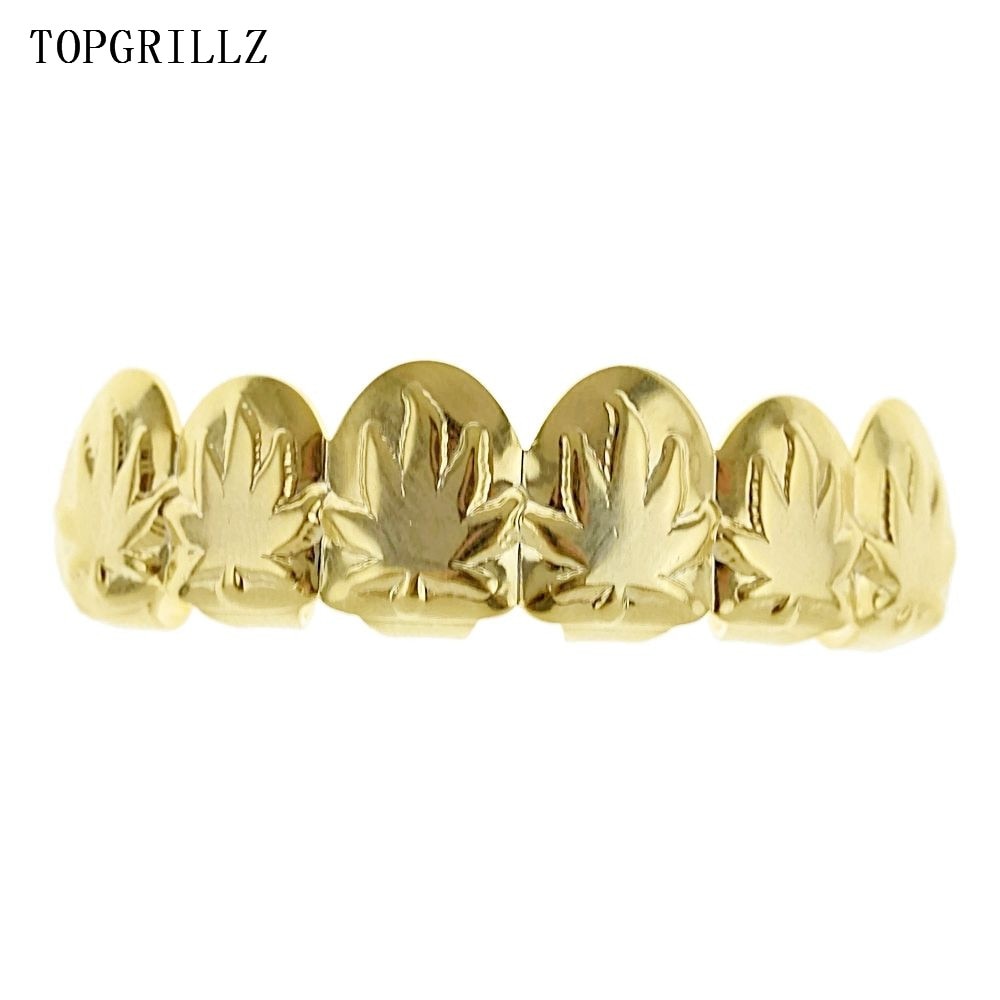 TOPGRILLZ Maple Leaf Grillz Pot Weed Leaves Rose Gold Color Plated Top & Bottom Teeth Grills Golden Grillz Sets Teeth Caps-