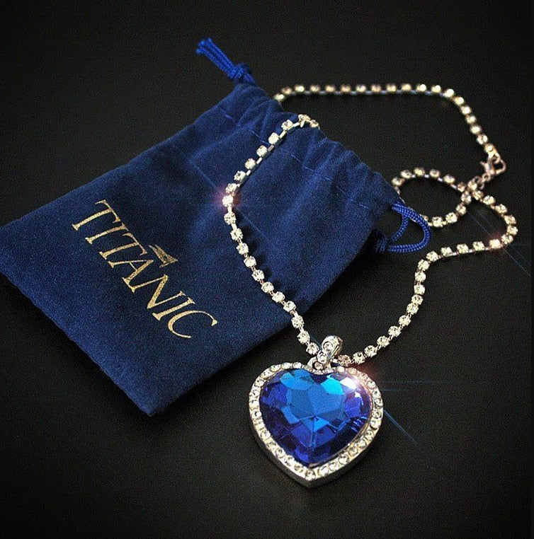 Titanic - Heart Of The Ocean - Blue Hope Diamond - Movie Prop Replica From The Depths Of The Sea - Love Forever Pendant Necklace + Velvet Bag-Blue-Royal Blue-45cm