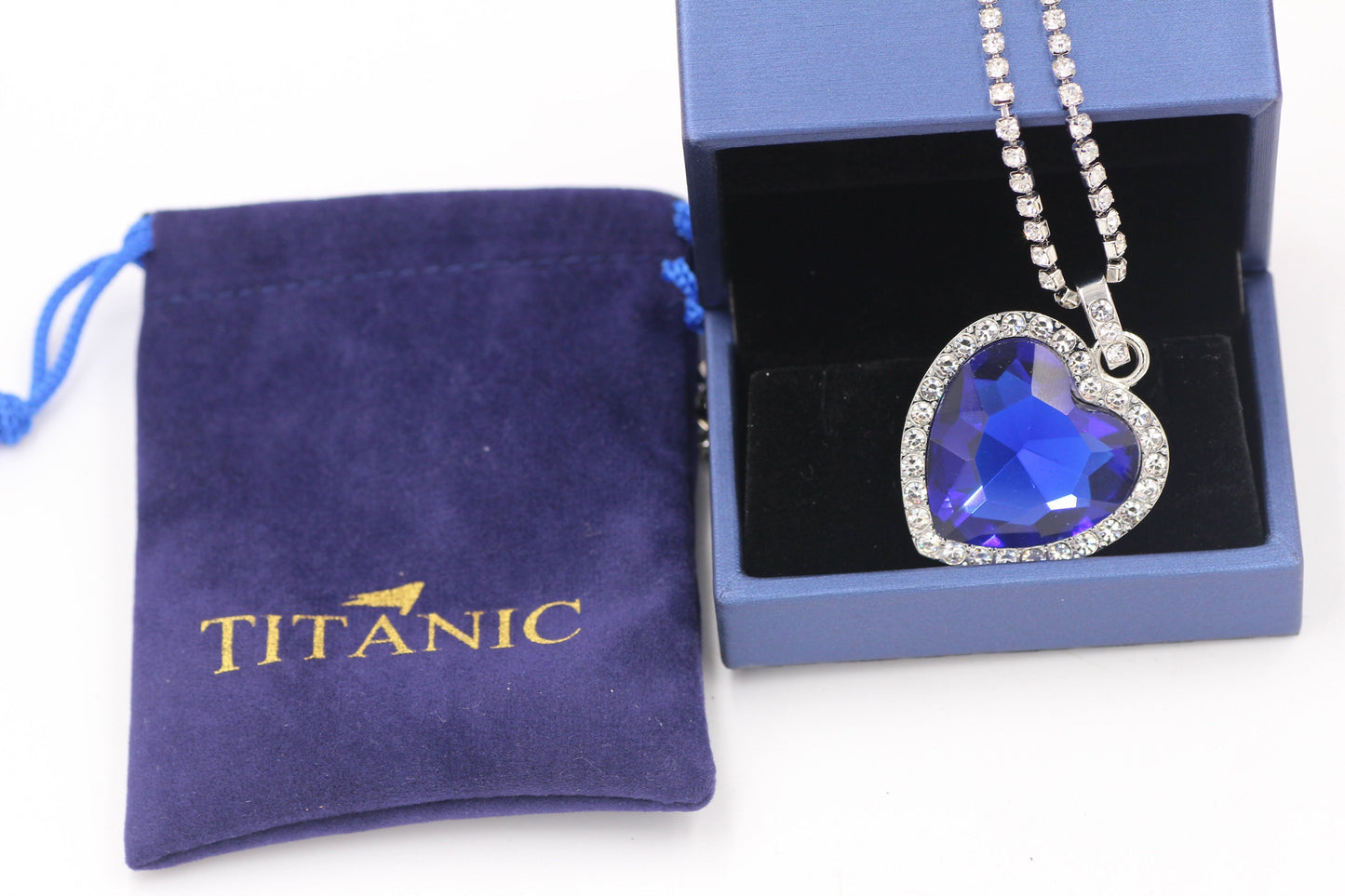 Titanic - Heart Of The Ocean - Blue Hope Diamond - Movie Prop Replica From The Depths Of The Sea - Love Forever Pendant Necklace + Velvet Bag-Blue-Royal Blue-45cm