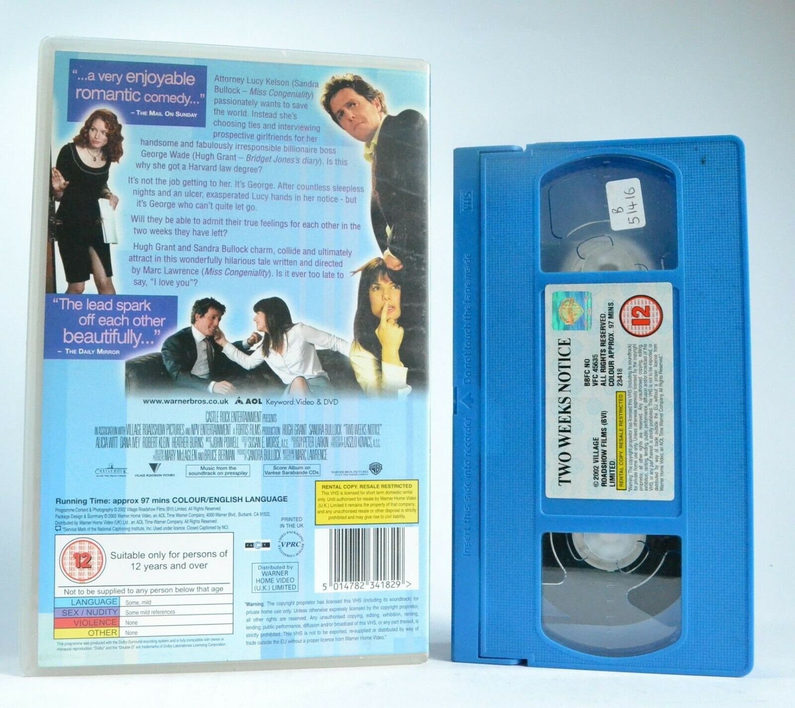 Two Weeks Notice - Romantic Comedy - Large Box - Hugh Grant/Sandra Bullock - VHS-