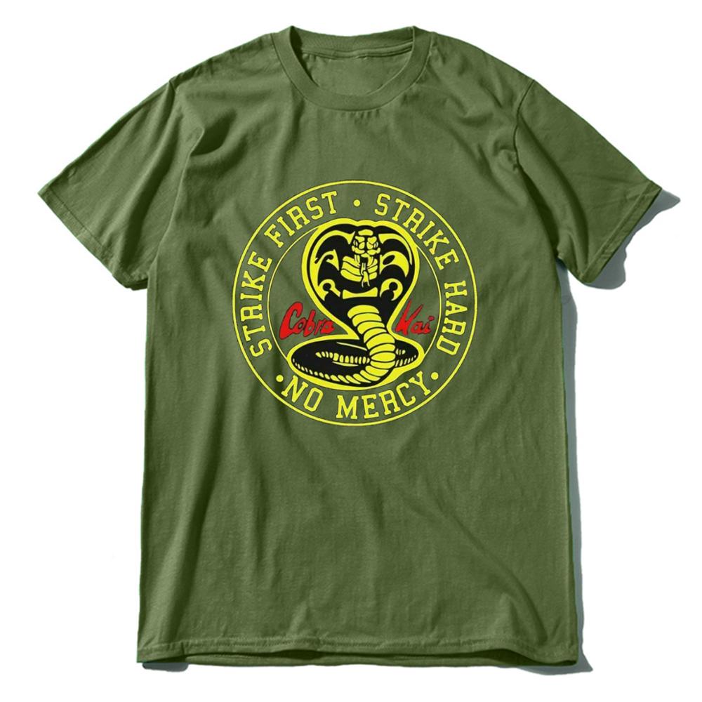 Unisex 100% Cotton Cobra Kai No Mercy Strike First Strike Hard 80s Karate Kid Movie Men's T-Shirt Gift women top soft tee-Army Green-XS-