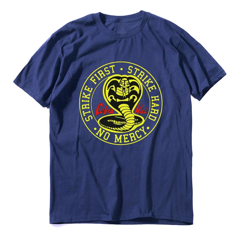 Unisex 100% Cotton Cobra Kai No Mercy Strike First Strike Hard 80s Karate Kid Movie Men's T-Shirt Gift women top soft tee-Navy Blue-XS-