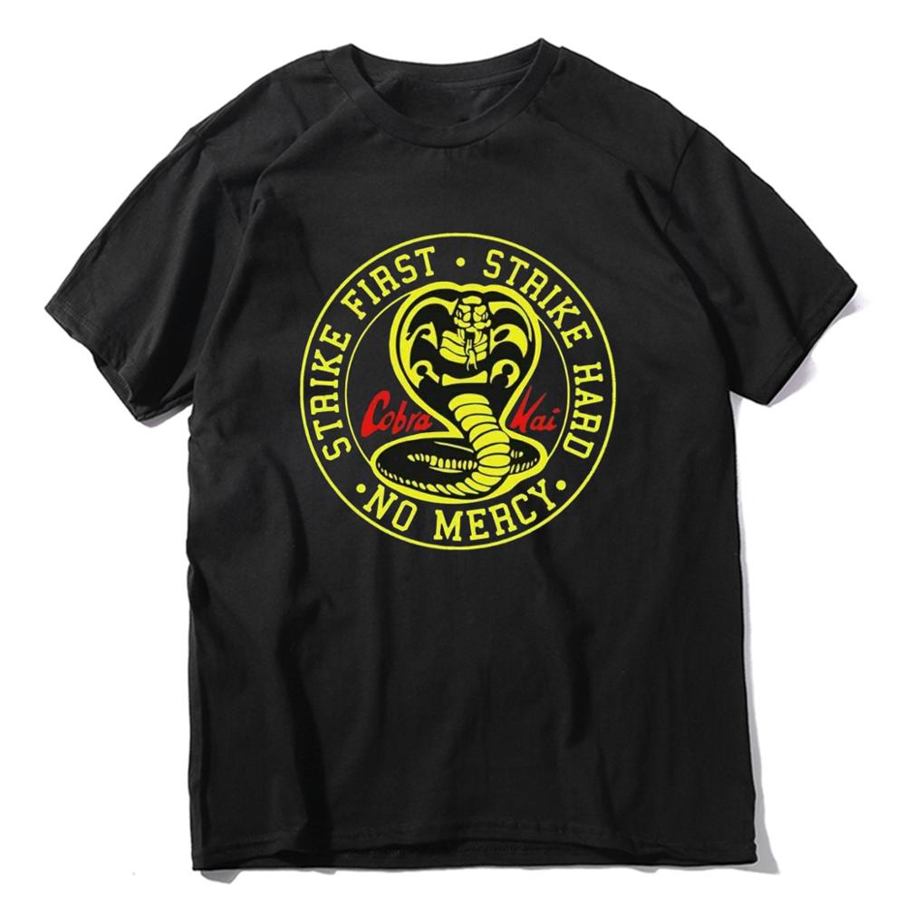 Unisex 100% Cotton Cobra Kai No Mercy Strike First Strike Hard 80s Karate Kid Movie Men's T-Shirt Gift women top soft tee-Black-XS-