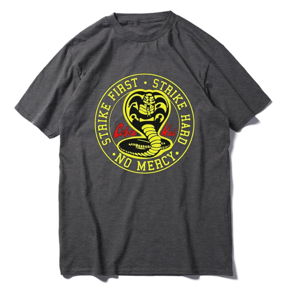 Unisex 100% Cotton Cobra Kai No Mercy Strike First Strike Hard 80s Karate Kid Movie Men's T-Shirt Gift women top soft tee-Dark Grey-XS-