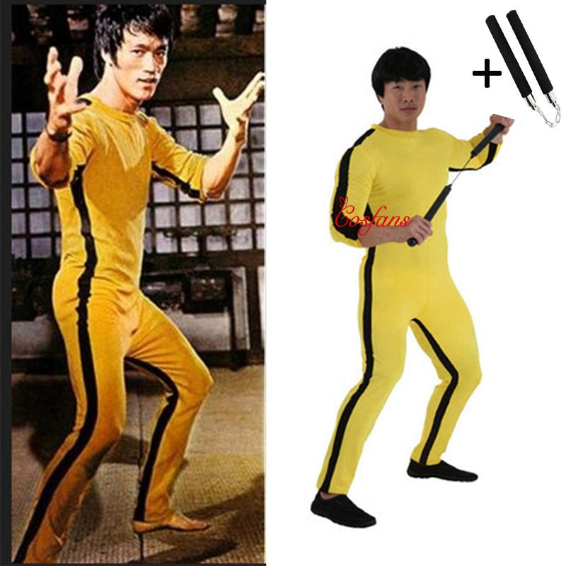 Unisex Adult / Kids - Bruce Lee Cosplay - Jeet Kune Do - Chinese Kung Fu - Jumpsuit Cosplay Costume & Nunchaku - Game of Death-