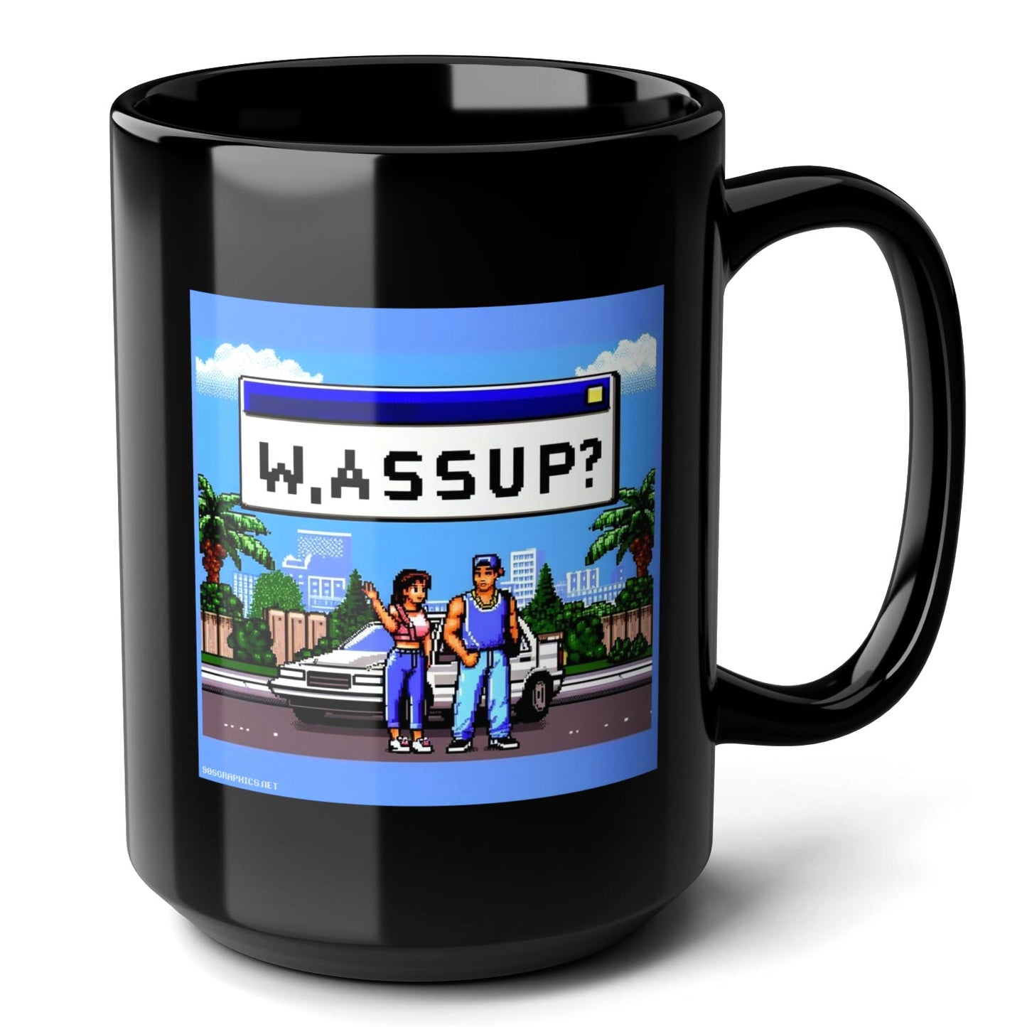 WASSUP Black Mug, (15oz) - cool gifts for retro fans-15oz-