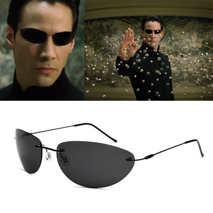 The Matrix - Neo Classical Style - Polarized Sunglasses - Ultralight Rimless Design - Driving Glasses - Black Out Mirror - Movie Prop Cosplay-black-black-polarized-