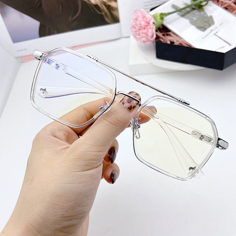 SHAUNA Retro Anti-Blue Light Square Glasses Frame Brand Designer Ins Popular Optical Eyeglasses Frames-United States-Transparent Silver-