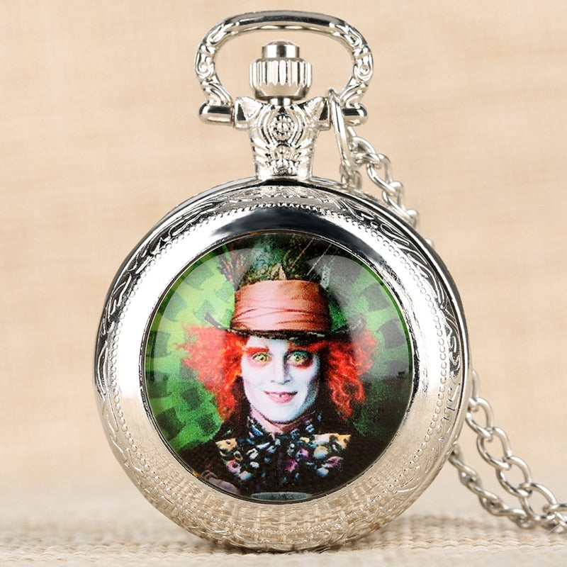 Mad Hatter Alice - Quartz Pocket Watch With Chain - Romantic Steampunk Film Gift For Men & Women - Perfect Cult Movie Present-